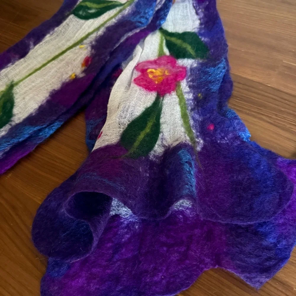 Handmade FANTASY FLOWER NUNO FELT SCARF in Purple and Pink